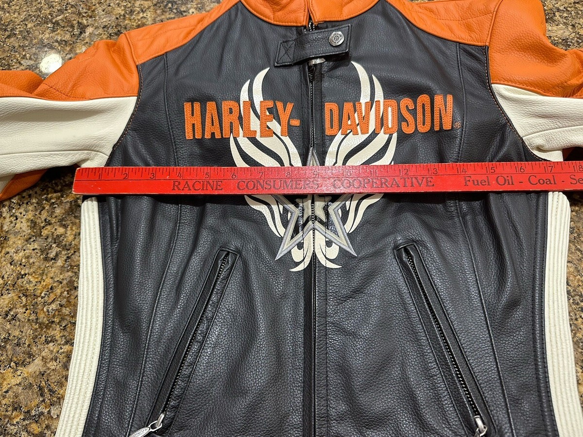 Harley Davidson Womens Orange Black Star Racing Leather Jacket