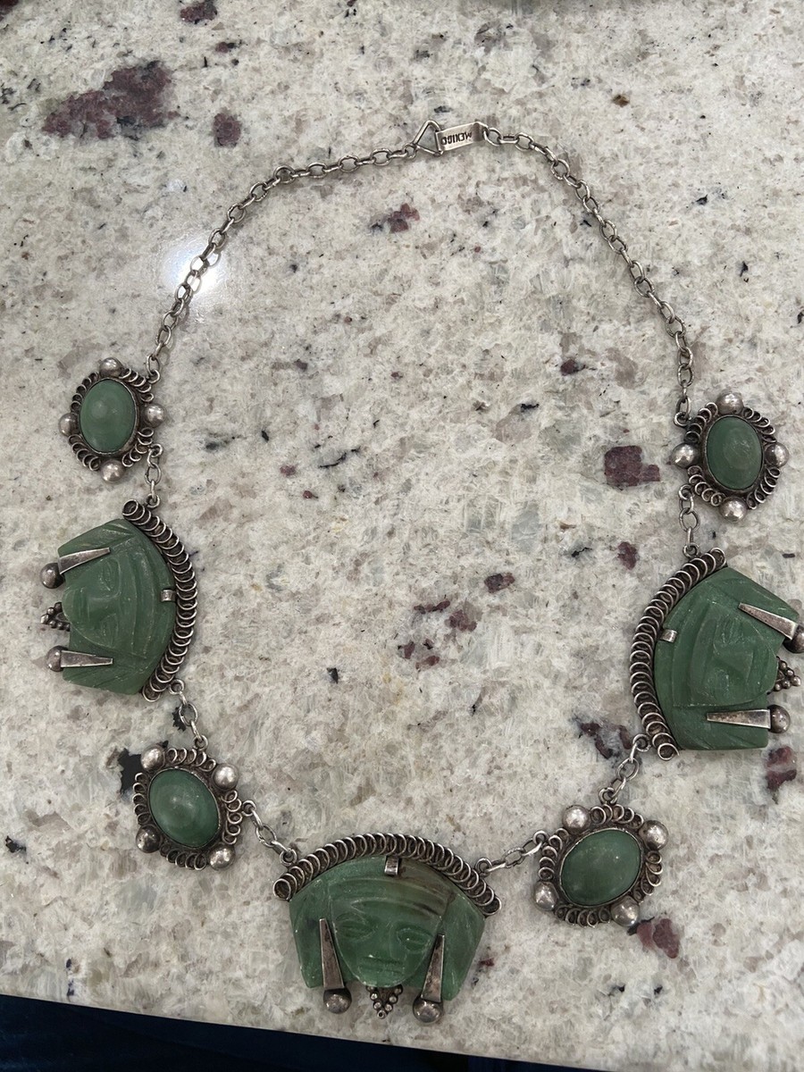 Vtg Mexican Sterling Silver W/Green Onyx / Jade Aztec Warrior