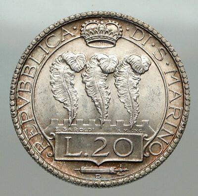 1931 R SAN MARINO Italy Ostrich Feathers OLD Silver VINTAGE 20