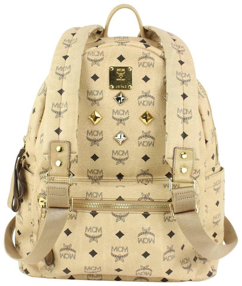 MCM Beige Monogram Visetos Logo Medium Studded Stark Backpack