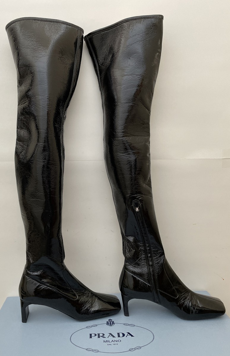 PRADA STRETCH FAUX PATENT LEATHER OVER THE KNEE THIGH HIGH BOOTS