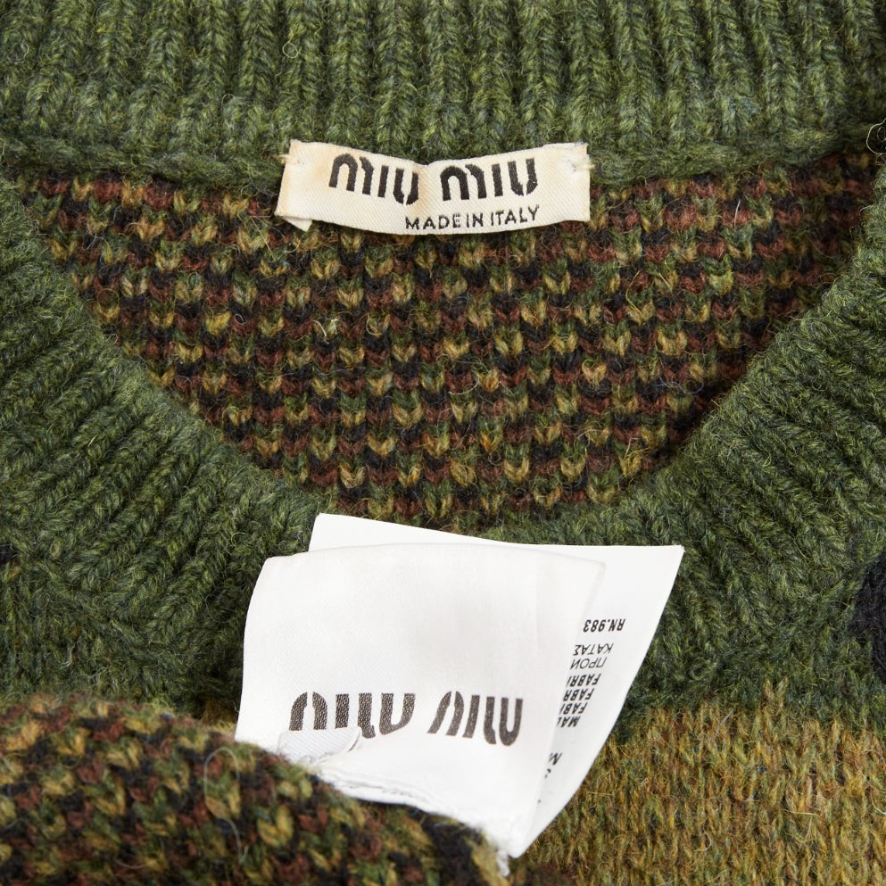 MIU MIU 2019 green brown wool camouflage cropped sweater pullover