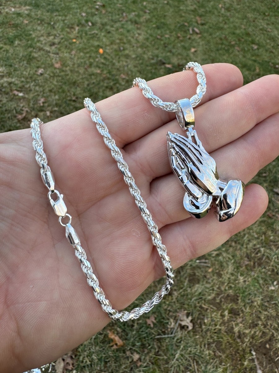 Praying Hands Religious Pendant Plain 925 Sterling Silver Necklace