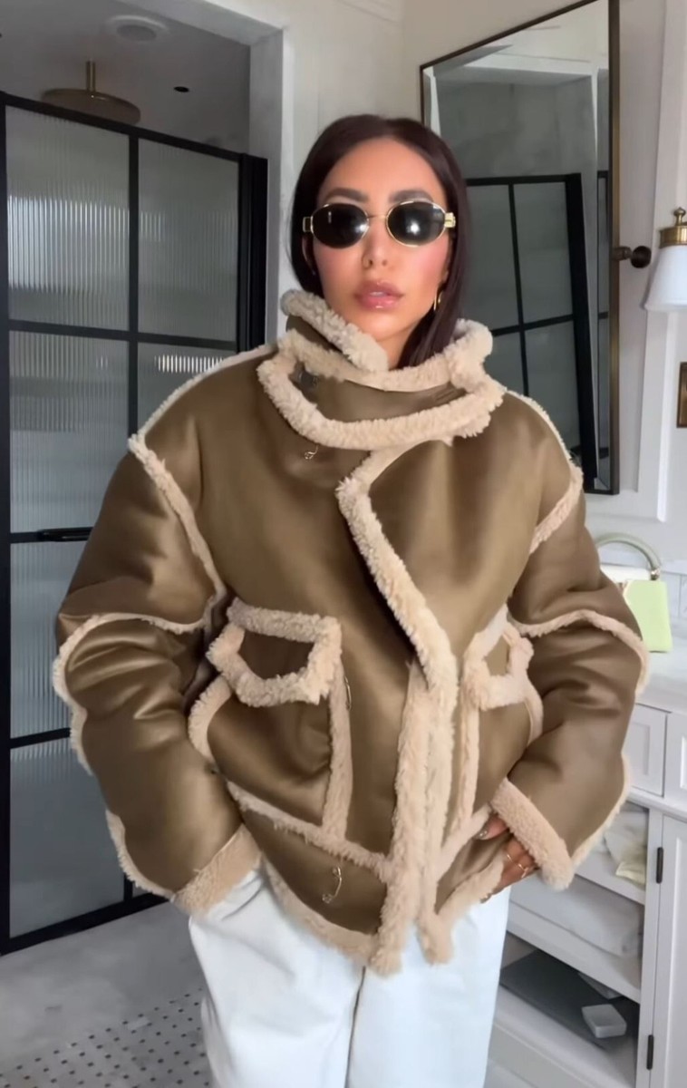 Zara SRPLS SHRLNG Aviator Shearling Jacket Mid Green Beige XS S L