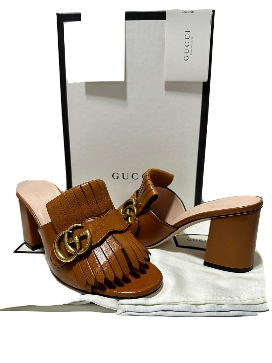 NEW Gucci US 6.5 EU 36.5 Shoes Marmont GG Fringe Brown Leather Mid