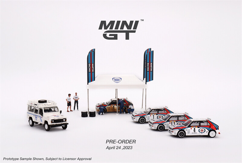 MINI GT 1:64 Lancia Delta/Land Rover/Martini Racing Figure/Tent