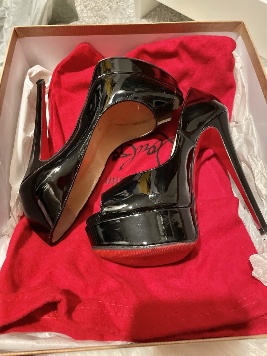 CHRISTIAN LOUBOUTIN Lady Peep Patent Black Leather Pumps Size US
