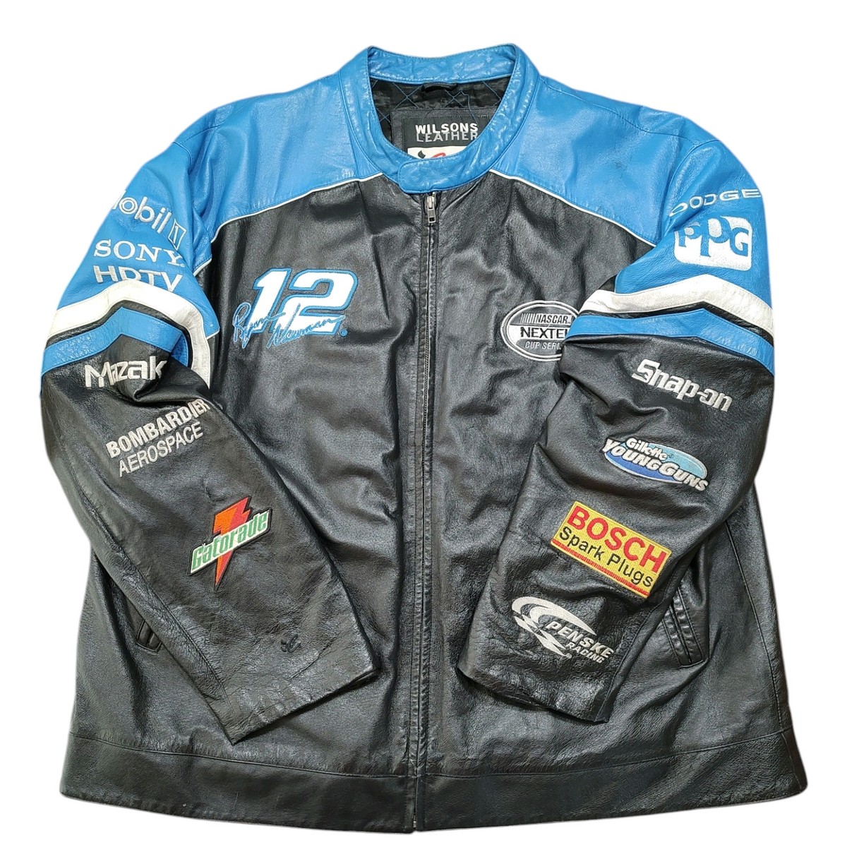Vtg Wilson Leather Chase Ryan Newman NASCAR Jacket 2XL Black Blue