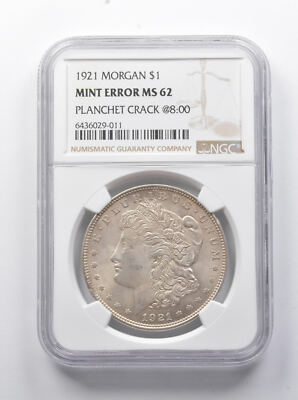 MINT ERROR MS62 1921 Morgan Silver Dollar Planchet Crack @ 8:00
