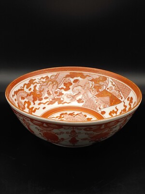 九谷烧瓷赤绘龙凤贡碗Antique Japanese Kutani Iron Red Porcelain