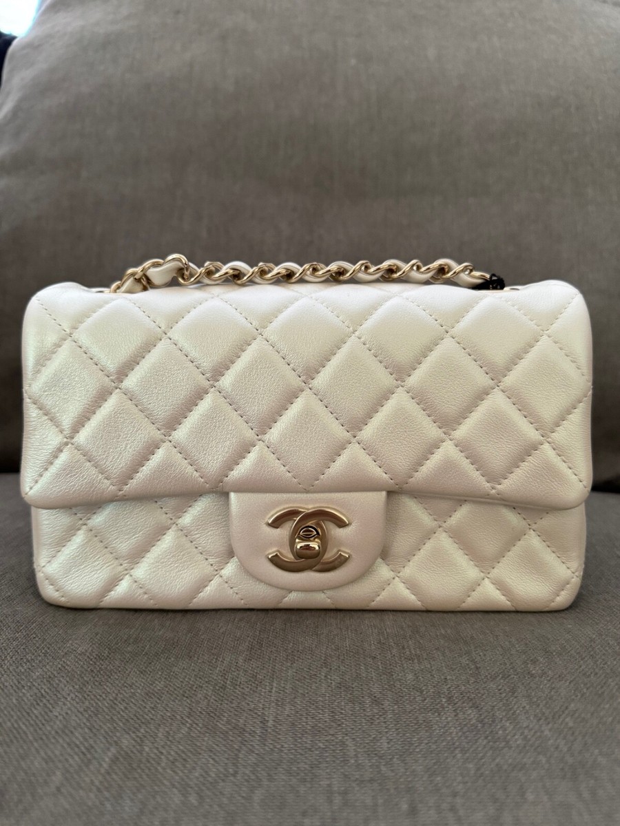 Chanel 21S Iridescent White Mini Flap Rectangle CC Quilted Chain