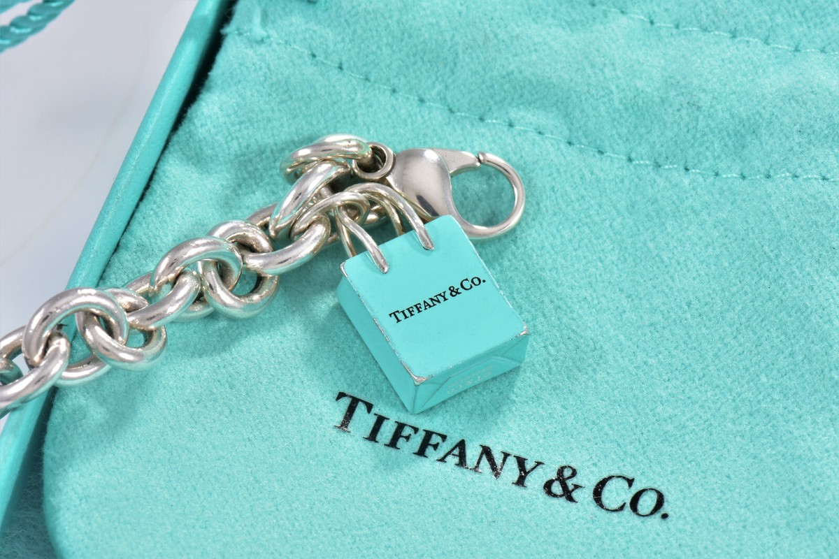 Tiffany & Co Silver Blue Enamel Shopping Bag Charm 7.75