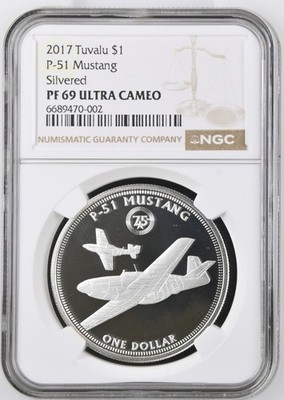 2017 Tuvalu $1 Dollar Elizabeth II WWII Fighter Silver P-51