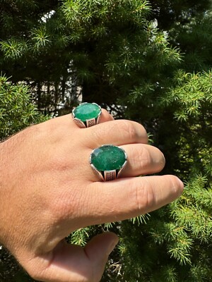 Natural Emerald Gem Stone Mens Real Solid 925 Sterling Silver Oval