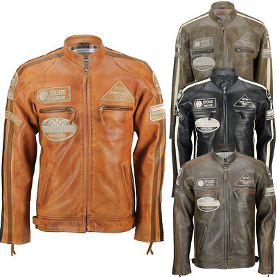 JLI MODE - Mens Soft Leather Fitted Racing Biker Jacket Vintage