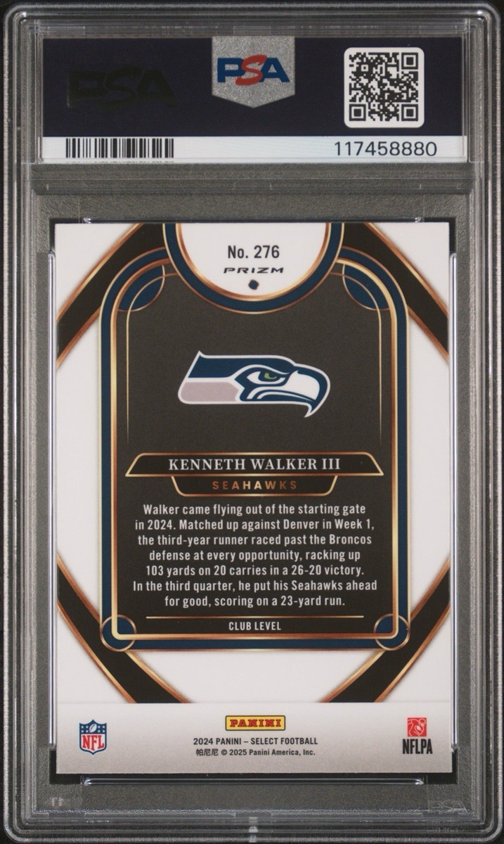 Kenneth Walker III 2024 Panini Select Zebra Prizm SSP PSA Mint 9