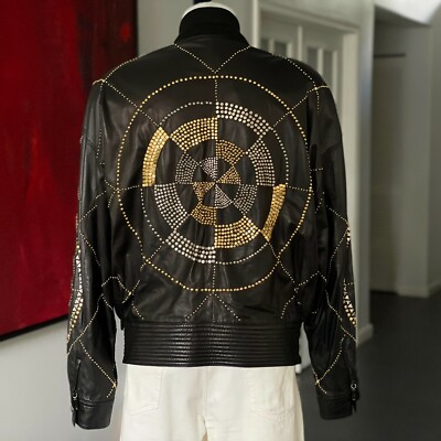 GIANNI VERSACE Black Leather Jacket with Greek Key Studded size 52