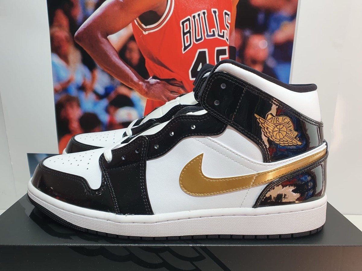 Nike Air Jordan 1 Mid Patent Black White Gold Men's UK 9.5 EUR