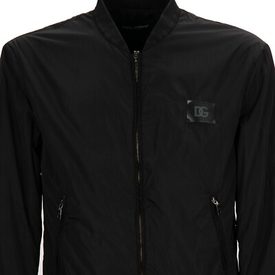 DOLCE & GABBANA Nylon Bomber Jacket with DG Logo and Pockets Black