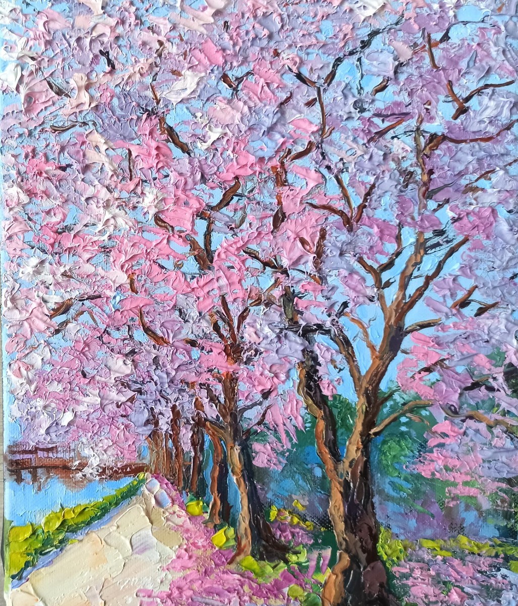 Original Oil Painting Cherry Blossoms Trees on stretched canvas