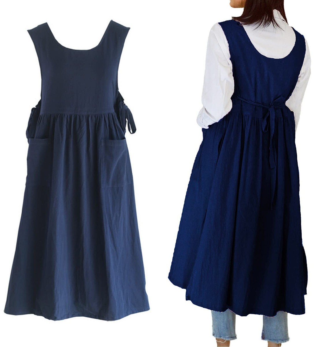 Women Plus Size Cotton Linen Vintage Pleated Split Apron Pinafore