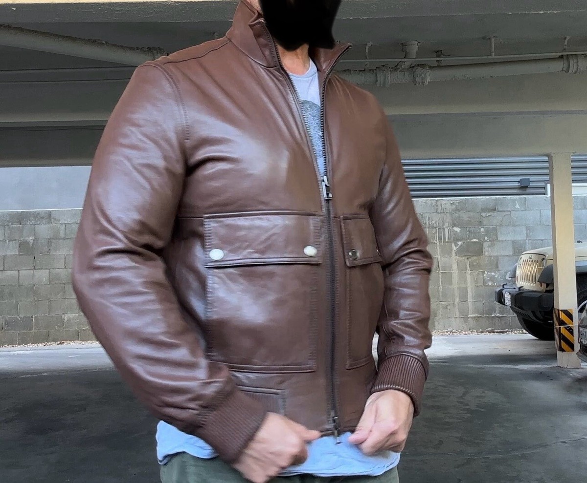 Michael Kors Premium Leather Tobacco Brown Trucker Jacket Biker S