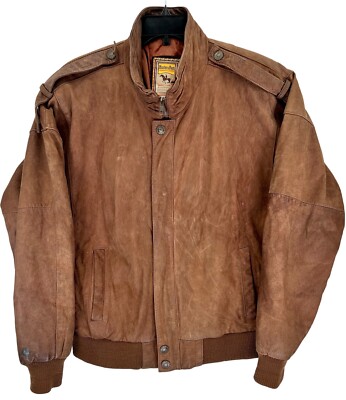 Vintage 80s Hunters Run Leather Jacket Bomber Large Brown Zip Snap