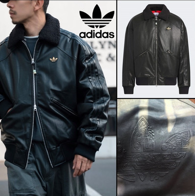 ADIDAS Originals SS2025 Faux Leather Jacket Balck Orange Inner