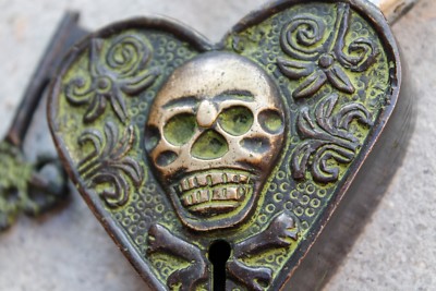 Antique Bronze Padlock zombie Skull skeleton Vintage Goth wedding