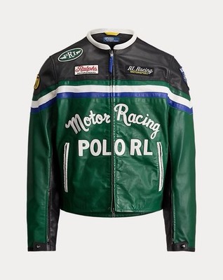 Polo Ralph Lauren Leather Café Racer Jacket in Tennis Green Multi