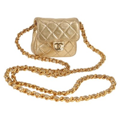 CHANEL Mini Mini Matelasse Chain Bag Lamb Skin Gold Tone CC Auth