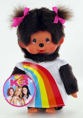 Monchhichi Girl Plush Brown Doll with K3 Rainbow Dress – 20cm Cute