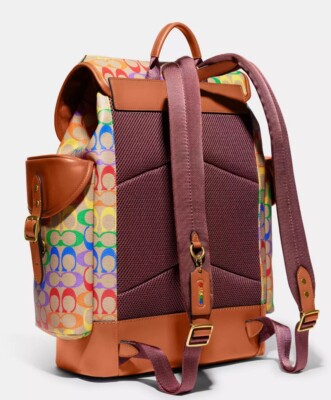 NWT COACH CA282 Hitch Backpack In Rainbow Signature Canvas Leather