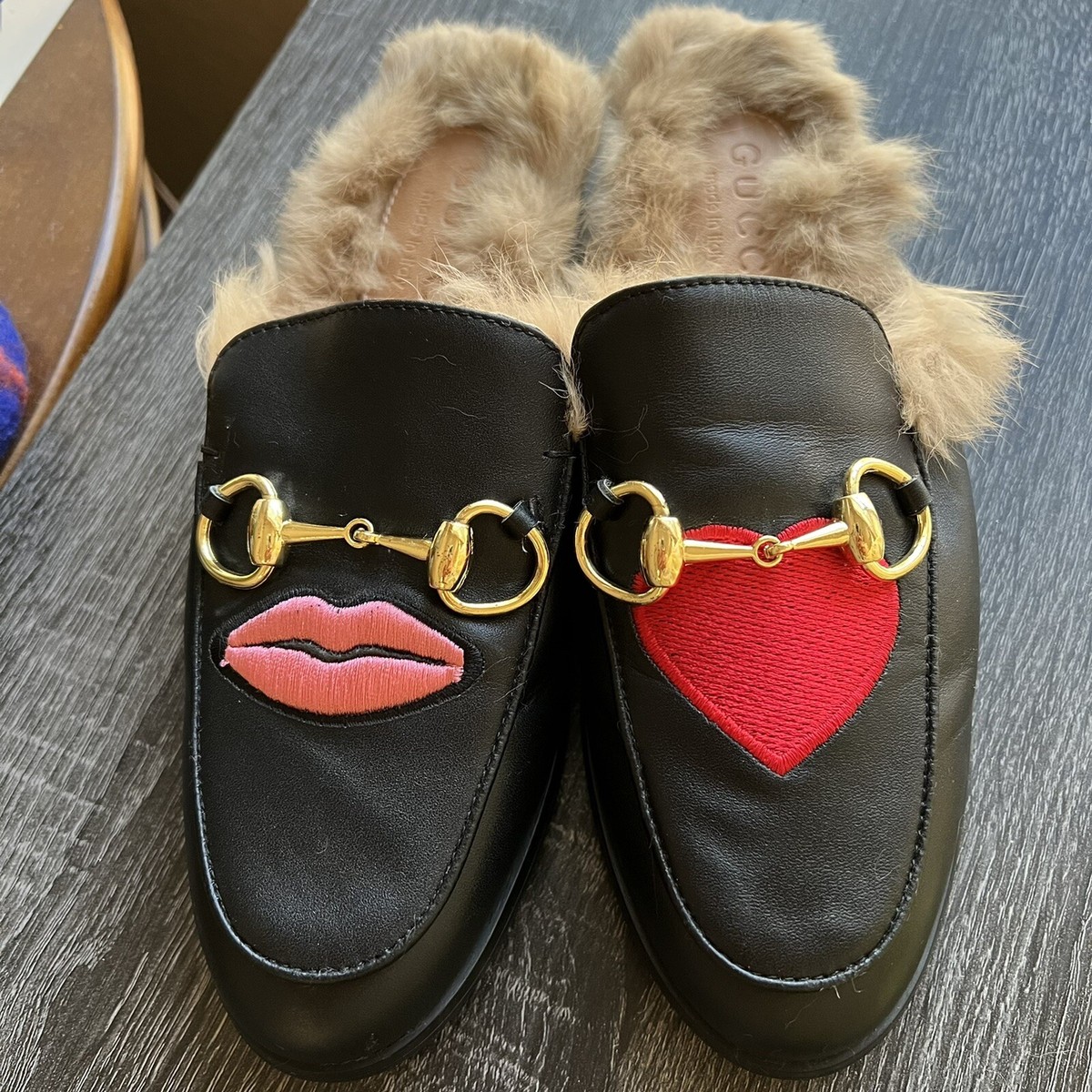 Gucci Pricetown Lips and Heart Embroidered Fur Lined Mules US 5