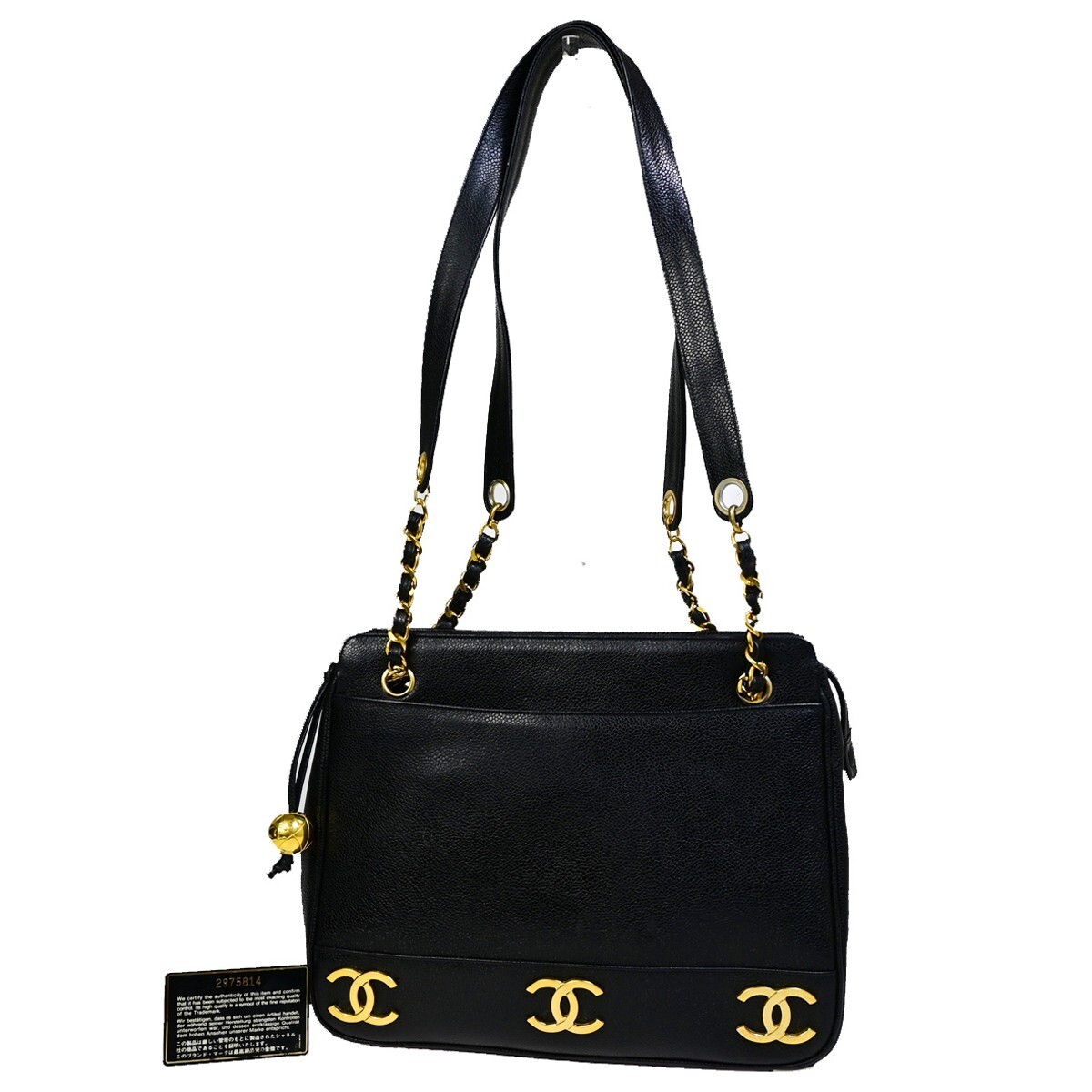 CHANEL Triple CC Logo Chain Shoulder Tote Bag Grained Leather BK