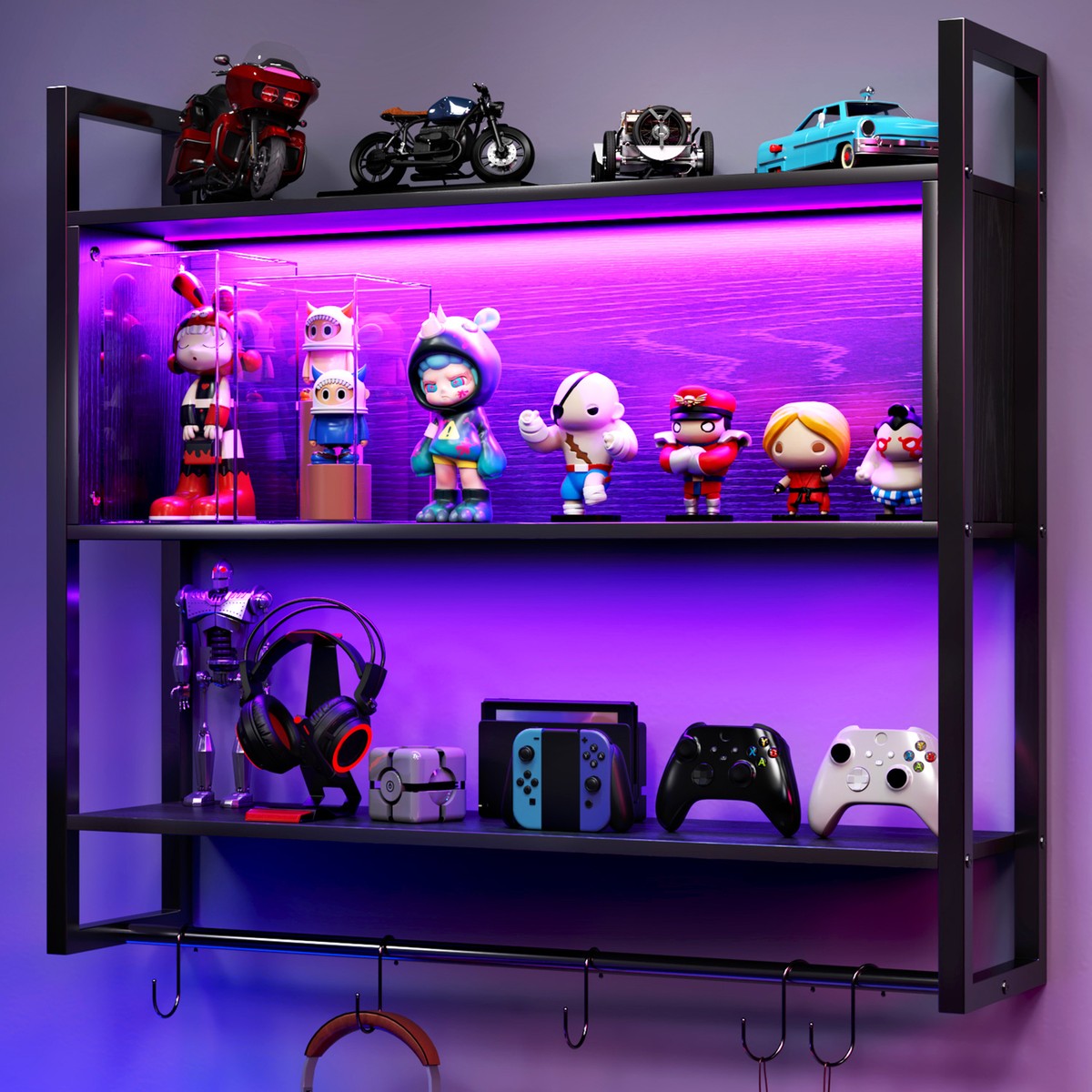 Gaming Floating Shelves with LED Light Wall Mount Display Shelf