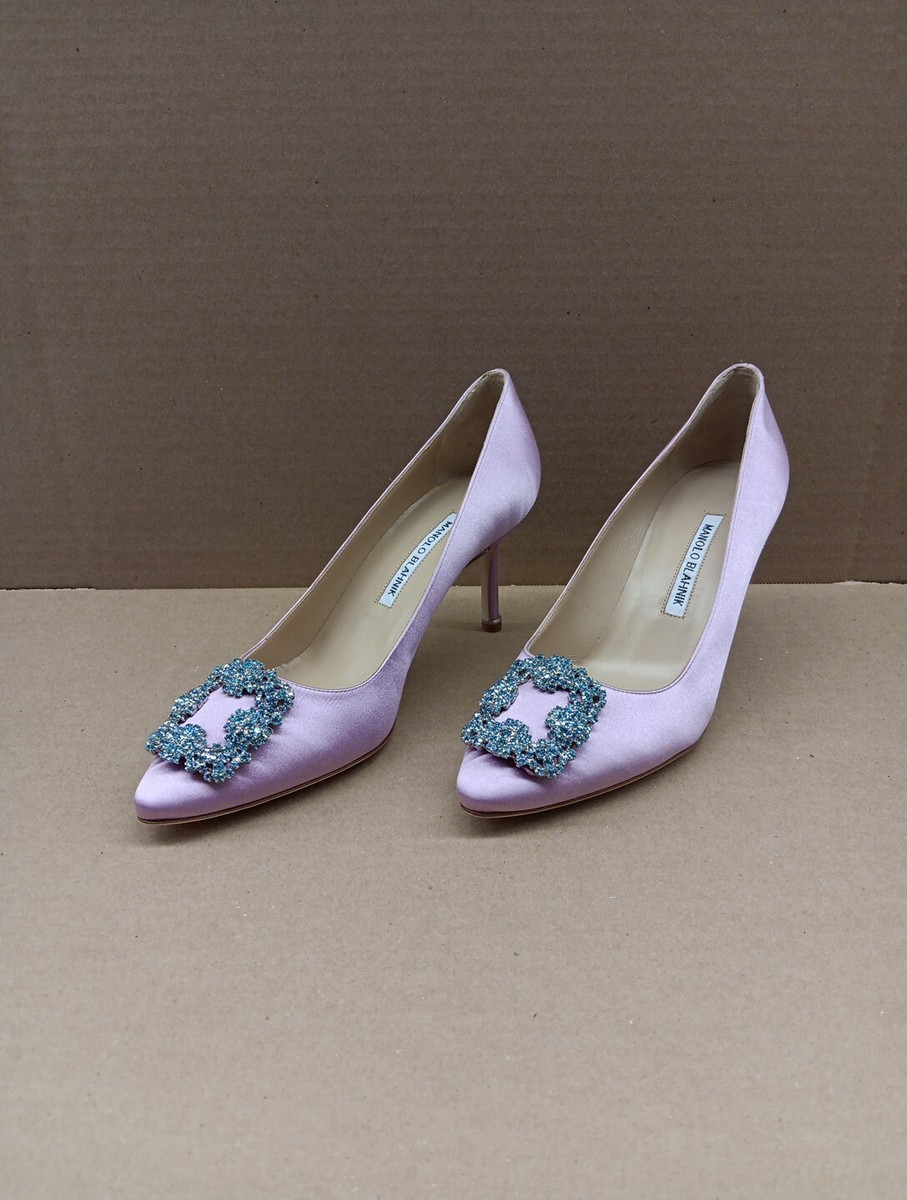 Manolo Blahnik Hangisi 513 Satin Crystal Buckle Heels- Mild Purple