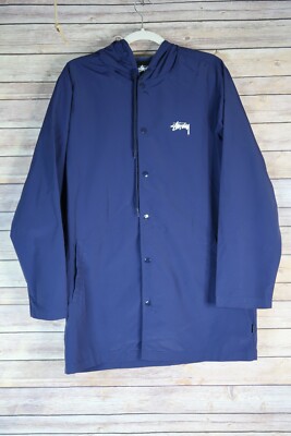 Mens Stussy Long Hooded Windbreaker Jacket Sz M Navy Blue Snap