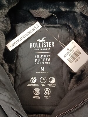 HOLLISTER FAUX FUR LINED HOODED PUFFER JACKET COAT BLACK MENS SIZE