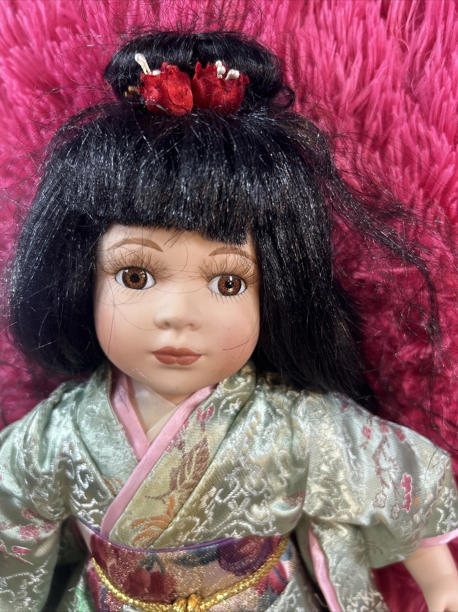 Vintage Porcelain Japanese Kneeling Baby Doll Girl 12” Green robe