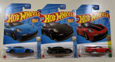 NEW 2023 HOT WHEELS J CASE PORSCHE 911 GT3 BLUE, BLACK & RED LOT 3