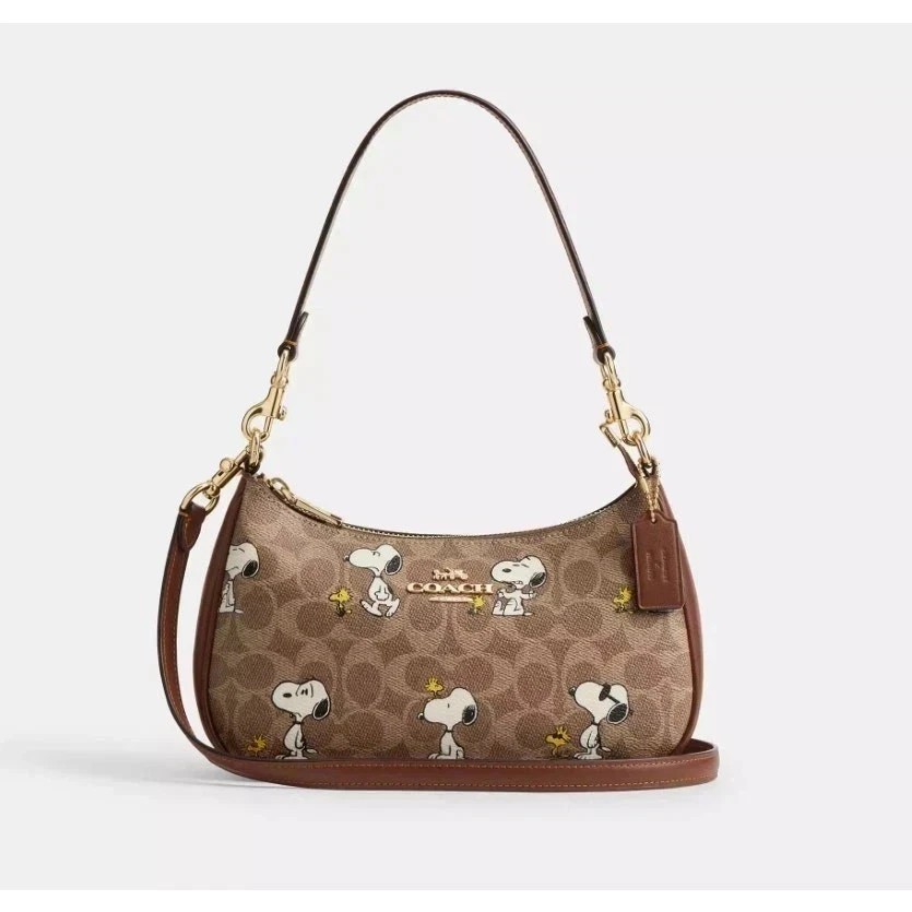 COACH x PEANUTS Teri Shoulder Bag Tan Brown Snoopy Print Signature