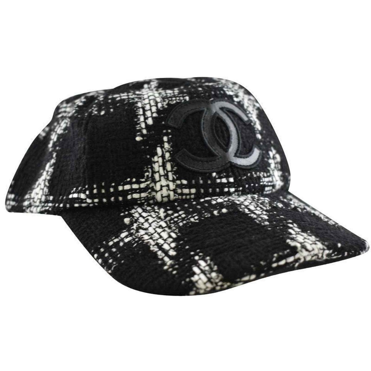 Chanel REV Black White Tweed Check CC Logo Baseball Cap Curved