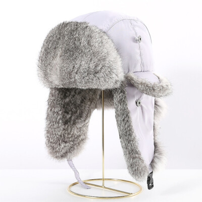Men Winter Real Rabbit Fur Trapper Hats Russian Ushanka Warm