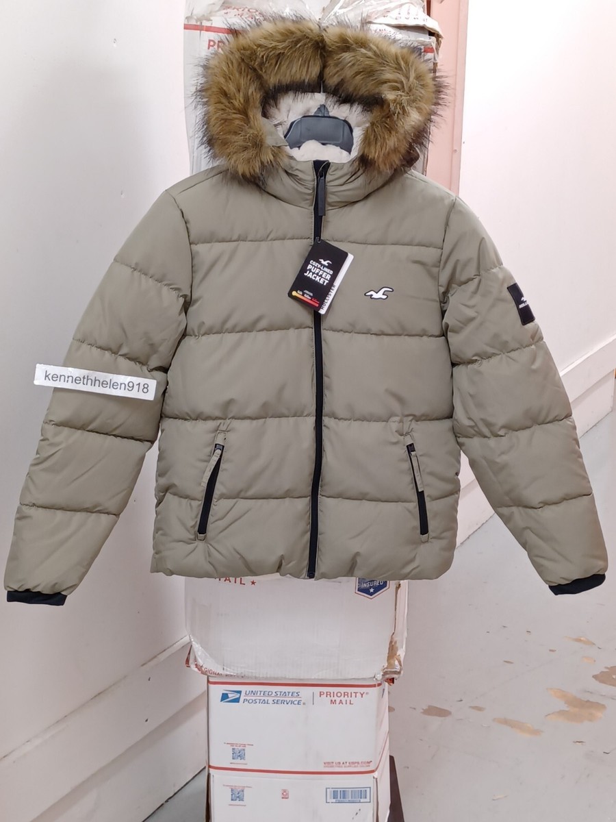 HOLLISTER FAUX FUR LINED HOODED PUFFER JACKET COAT OLIVE GREEN