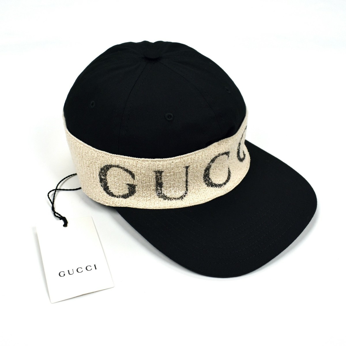 NWT $395 Gucci Black Vintage Logo Beige Headband Hat Cap Men's