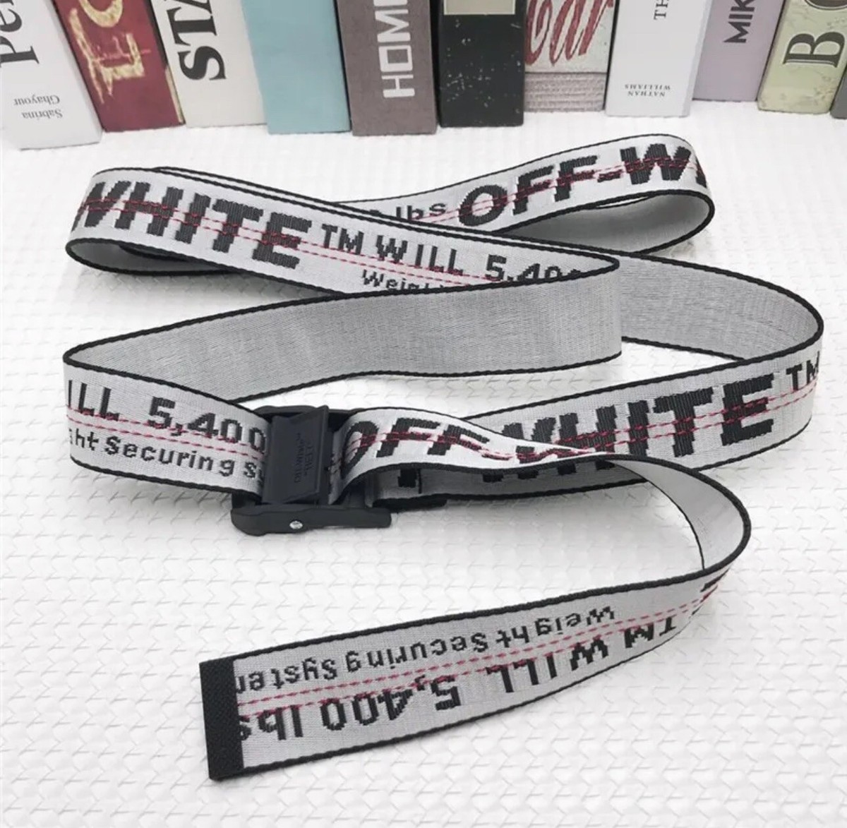 OFF-WHITE Men Silver Industrial Logo Buckle Woven Belt One Size