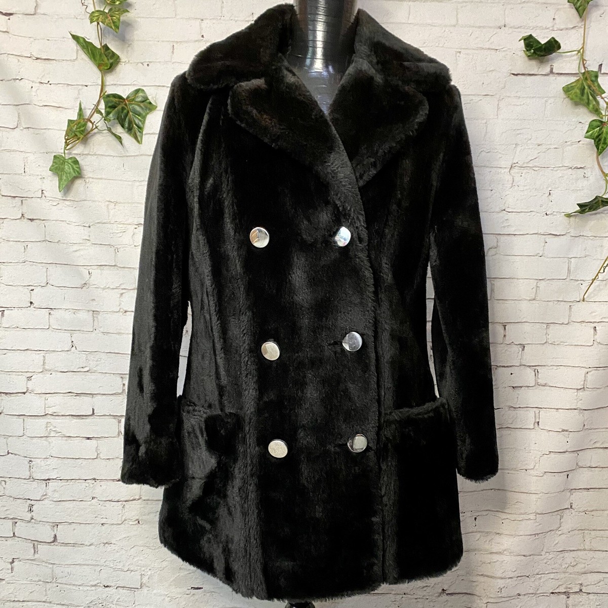 VTG Sears Fashions Faux Fur Mod Jacket Black Double Breasted Pea