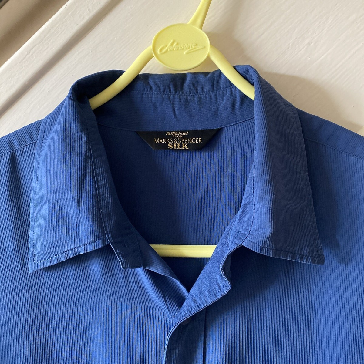 St Michael Vintage M&S Mens Size M 100% Silk Blue Short Sleeve