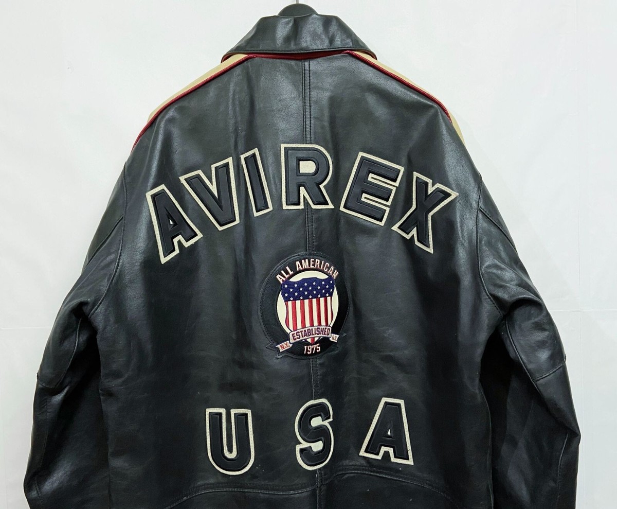 AVIREX USA Authentic Varsity Leather Jacket Black Car Coat Men's